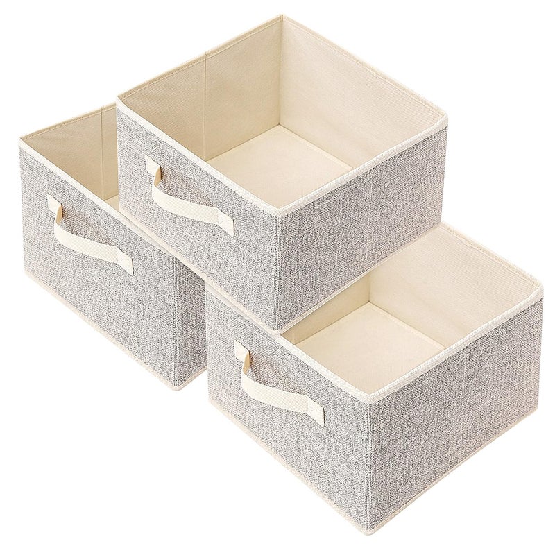 EITMOW Storage Baskets, 11-Inch Woven Fabric Bins, Storage Cubes with Reinforced Handles, Organizer Bins for Closet Shelves, Foldable, Clothes. (3PCS/Beige-11*11*7.8inch) - Image 1